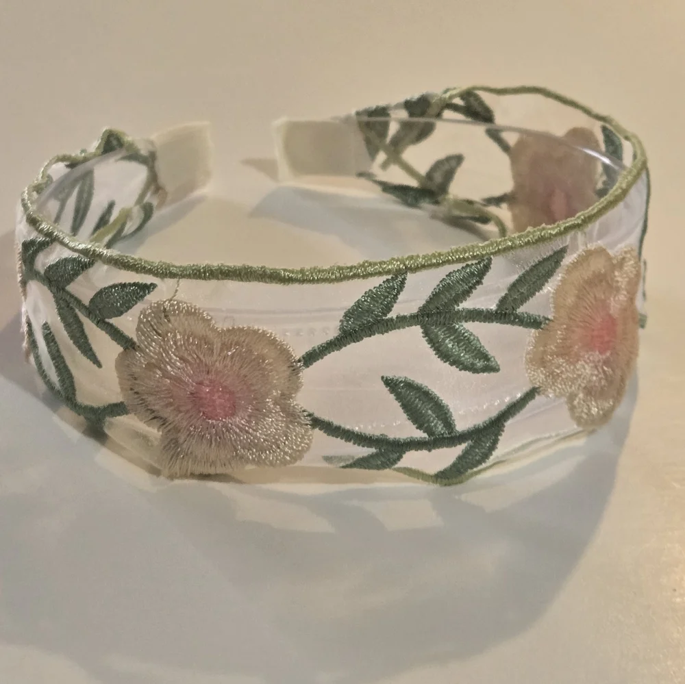 🍒🍒 Floral Embroidered Sheer Headband - Pink, Cream & Green